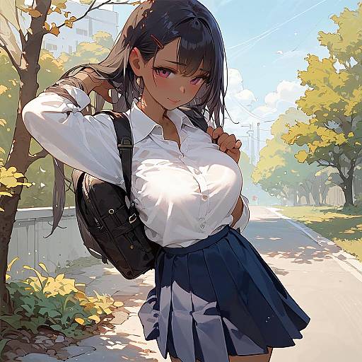 Anime Style Dark-Skinned Schoolgirl Outdoors