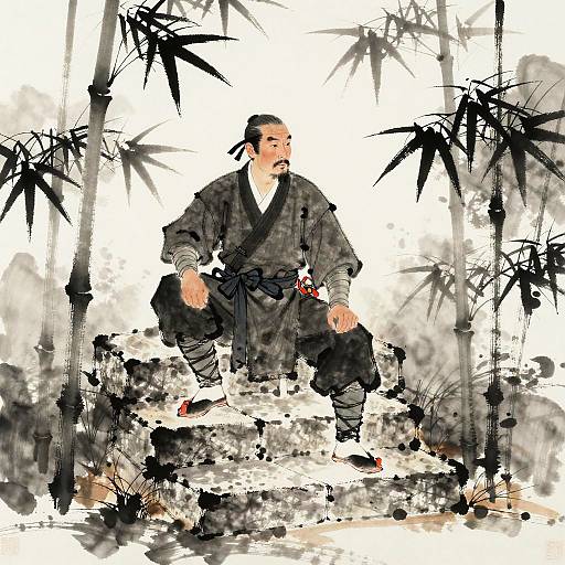Digital painting of a focused, bearded Japanese martial artist in traditional black gi, squatting amidst a bamboo forest with dynamic black and white splashes.