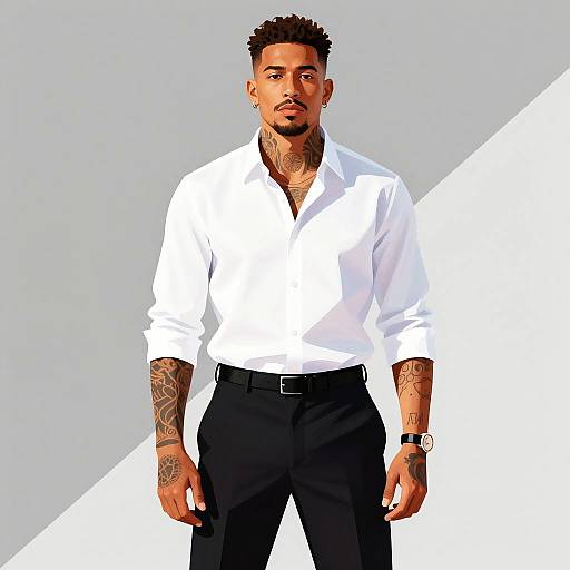 Confident Tattooed Man in White Shirt