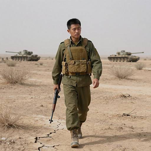Reflective Asian Soldier in Desert Battlefield