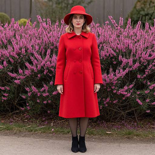 Photograph of a woman in a bright red coat and matching hat, standing in front of vibrant pink azalea bushes.