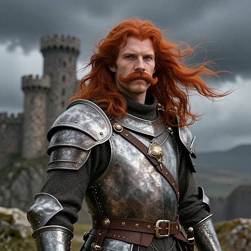 Photograph-style digital artwork of a red-haired, mustachioed knight in silver armor with a brown belt, standing before a medieval castle on a