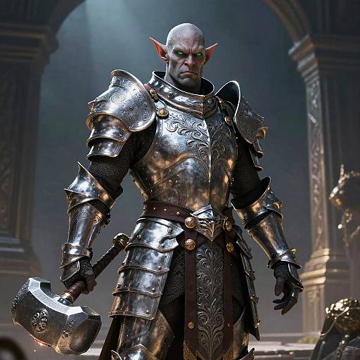 CGI image of a bald, muscular, elf-like warrior in detailed silver armor with intricate designs, holding a large, ornate battle axe in a