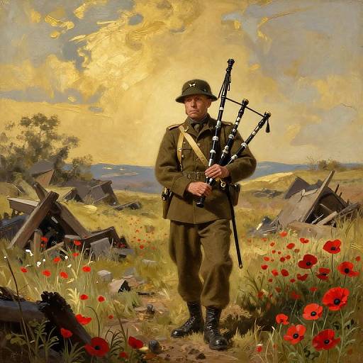 Painting of a serious British soldier in WWI uniform, holding bagpipes, standing among red poppies and ruins, under a golden sunset sky.