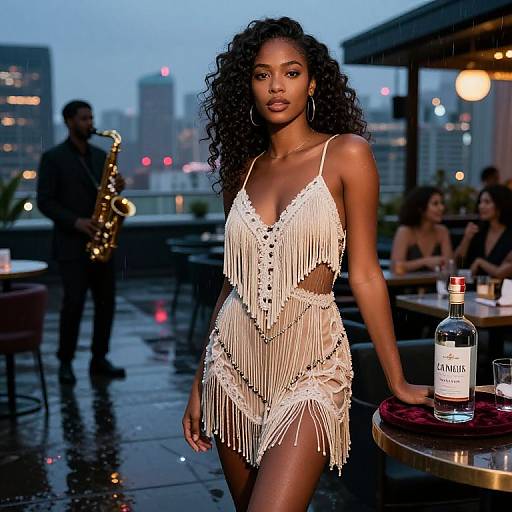 Photograph of a confident Black woman with curly hair in a white fringe dress, standing on a rainy rooftop bar at dusk, with a saxophonist