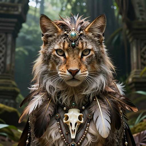 Digital artwork of a regal, fierce-looking lion with a crown, adorned with feathers and a skull necklace, set in a mystical, ancient forest.