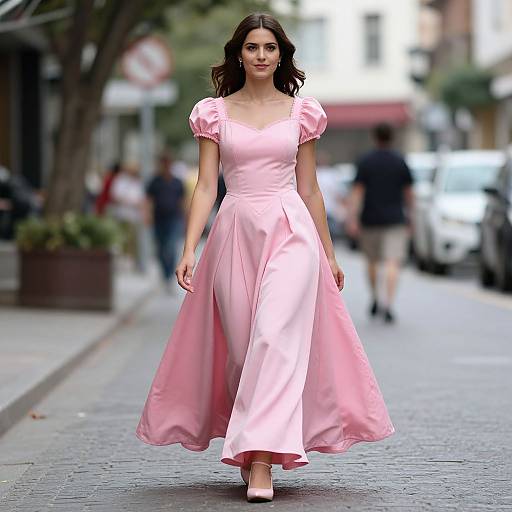 Photograph of a brunette woman with wavy hair, wearing a pink, puffed-sleeve, floor-length satin dress, walking down a blurred