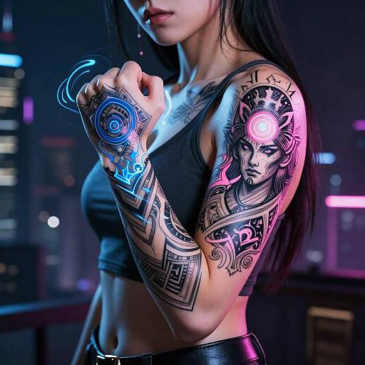 Neon-lit photograph of a tattooed woman with long black hair, wearing a black crop top, showcasing intricate, glowing cyberpunk tattoos on her