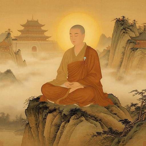 Digital artwork of a serene Buddhist monk with a shaved head, wearing brown robes, meditating on a misty mountain peak, with a golden sun halo