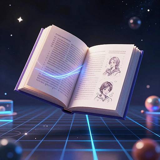 Digital artwork of an open, glowing book floating in space, showing text and two illustrated characters, with neon blue lines and a grid background.