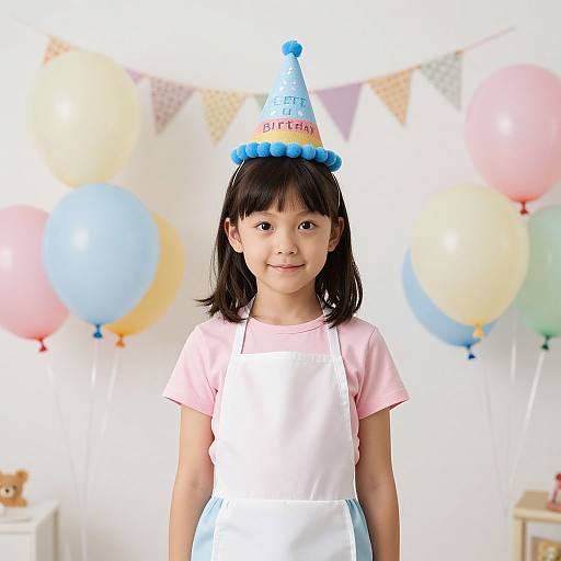 Photograph of a young Asian girl with black hair, wearing a blue birthday hat, pink shirt, and white apron, standing in a bright room