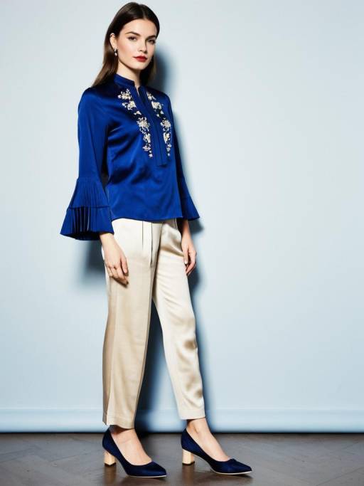 Woman in Royal Blue Silk Blouse and Beige Pants