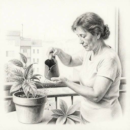 Pencil Drawing of Woman Watering Plants