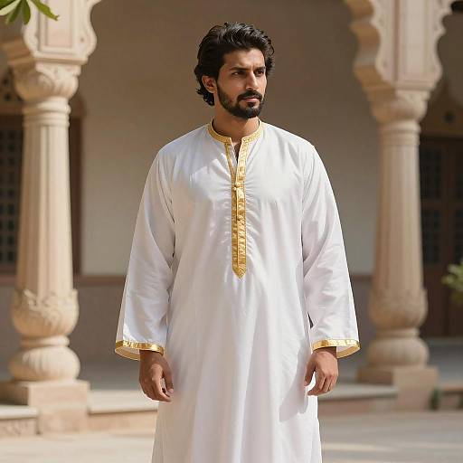 Photograph of a dark-haired, bearded man in a white traditional kurtah with gold trim, standing in a sunlit, ornate courtyard