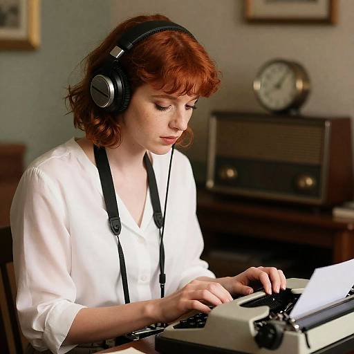 Vintage Aesthetic: Red-Haired Writer in Focus