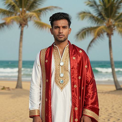 Photograph of a muscular Indian man with short black hair, wearing a red and white embroidered traditional kurta on a beach with palm trees and ocean waves