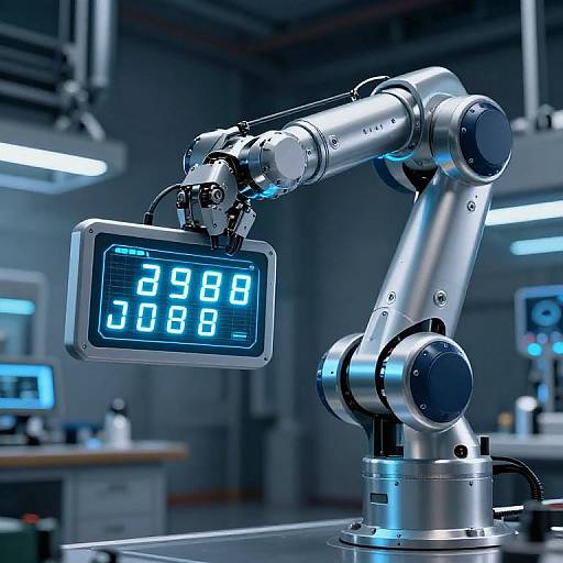 Photograph of a modern robotic arm with a digital display reading 