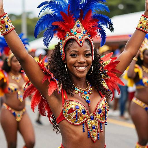 Photograph of a smiling African woman in vibrant, ornate, red and blue feathered headdress and matching bikini top, arms raised, in a