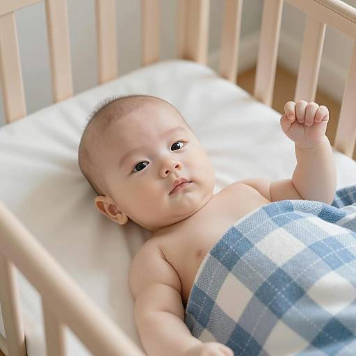 Serious Infant in Decorative Wooden Crib