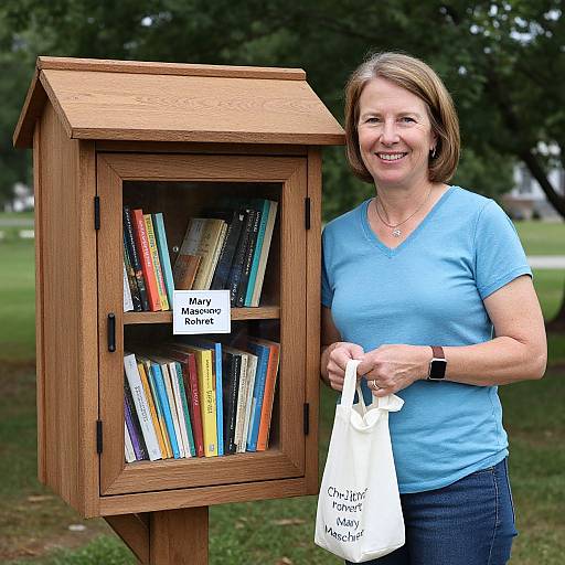 Photograph of a smiling middle-aged woman in a blue shirt, holding a white bag, standing beside a wooden bookshelf labeled 