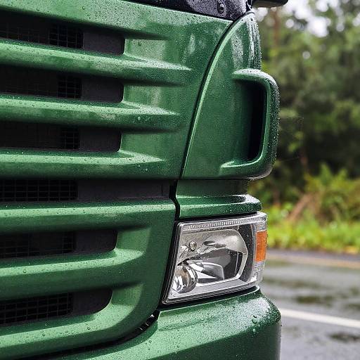 Close-up photograph of a green, rain-soaked truck's front grille and headlight, with blurred, green foliage in the background.