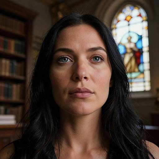 Photograph of a serious-looking woman with long black hair, blue eyes, and fair skin, standing in a dimly lit library with a colorful stained