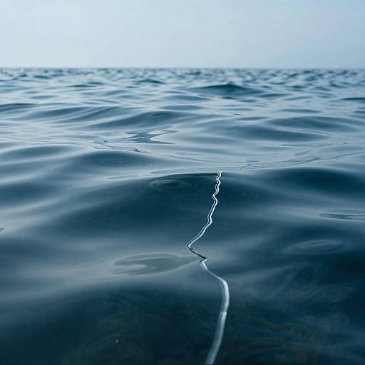Photograph of calm, rippling ocean water with a subtle white line running vertically through the center, under a bright blue sky.
