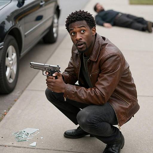 Crouching Man with Handgun on Sidewalk