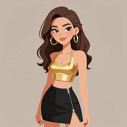 Stylish Woman in Gold Halter Top and Black Skirt