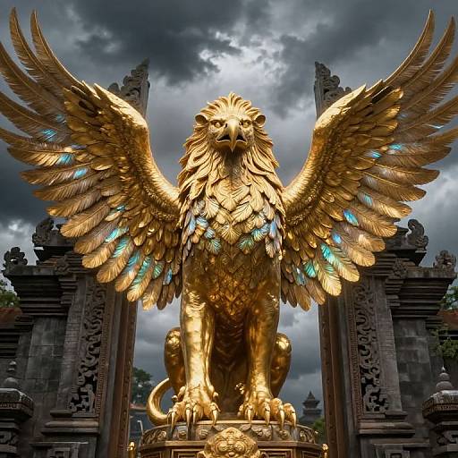 Photograph of a grand, golden lion statue with outstretched wings, adorned with blue accents, standing between ornate, dark stone pillars under a