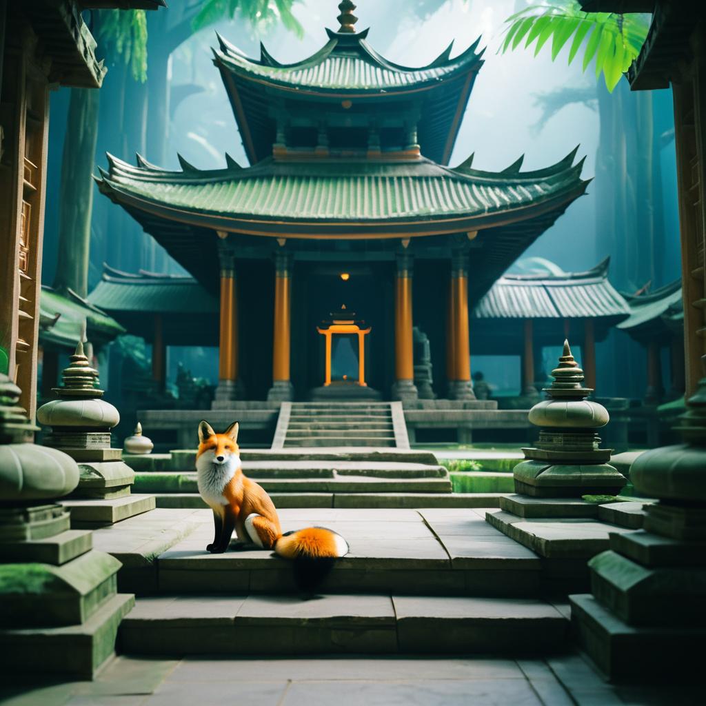 Curious Fox Meditating in Space Temple