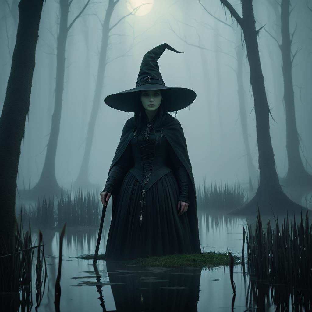 Cinematic Witch in Foggy Swamp