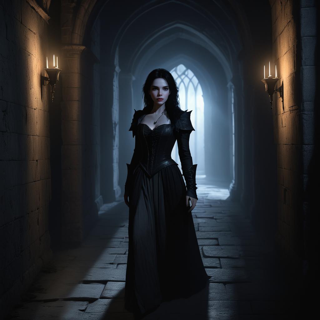 Sorrowful Vampire in Dark Castle Hallway