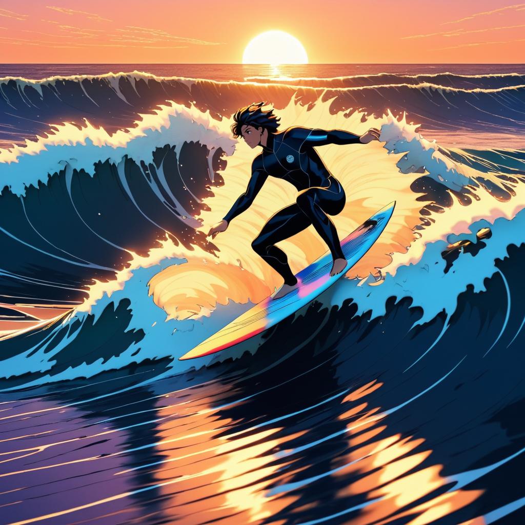 Adventurous Surfer Riding Waves at Sunset