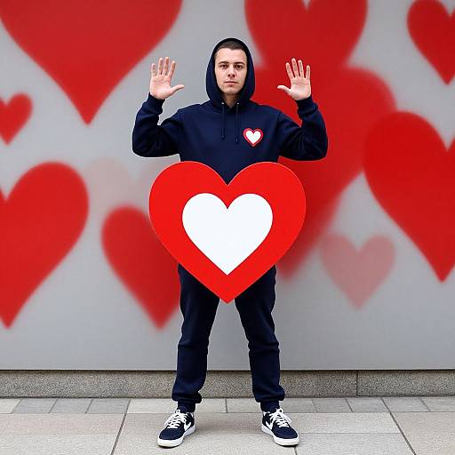 Photograph of a young man in a black hoodie with a red heart over his crotch, hands up, standing in front of a gray wall with