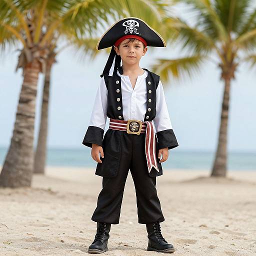 Photograph of a young boy standing on a beach, dressed as a pirate with black hat, white shirt, black pants, and red-striped sash