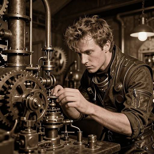 Photograph of a focused, messy-haired young man in leather overalls, adjusting intricate, steampunk-style machinery with metal gears in an industrial,