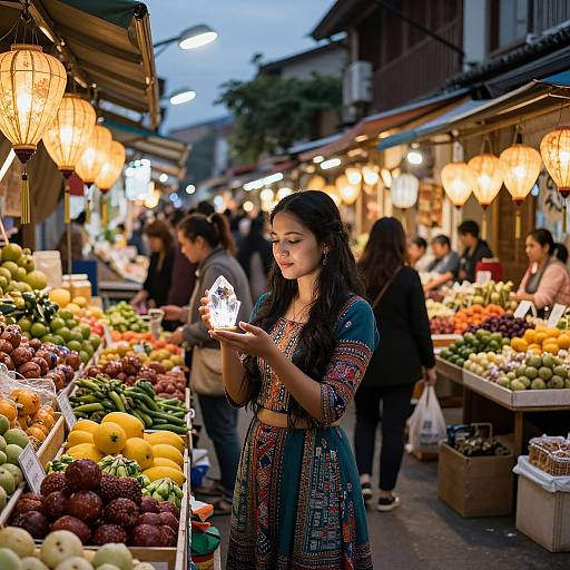 Photograph of a young Indian woman in a colorful traditional dress, holding a lit candle, standing at a vibrant evening market stall with hanging lanterns,