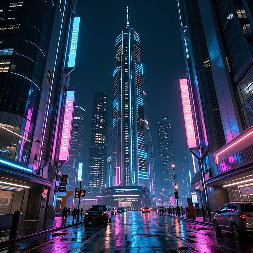 Neon-lit, futuristic cityscape at night with towering skyscrapers, vibrant pink, blue, and purple neon signs, wet reflective streets,