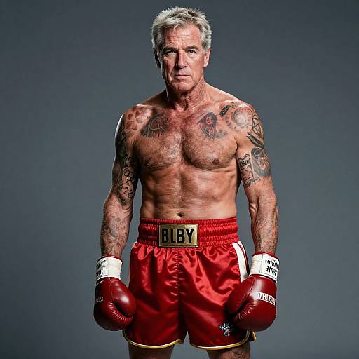Photograph of a muscular, tattooed, middle-aged man with gray hair, wearing red boxing shorts, gloves, and a 