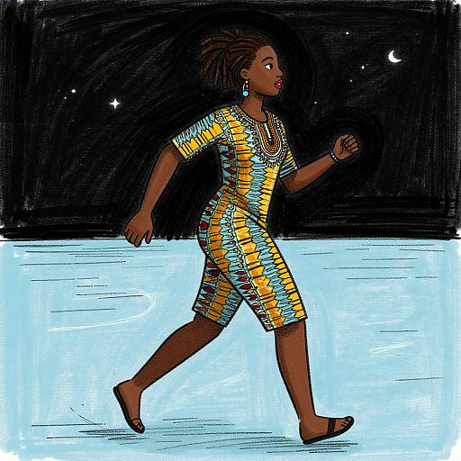 Digital illustration of a dark-skinned woman with braided hair, wearing a colorful, patterned dress, walking against a black starry night background with