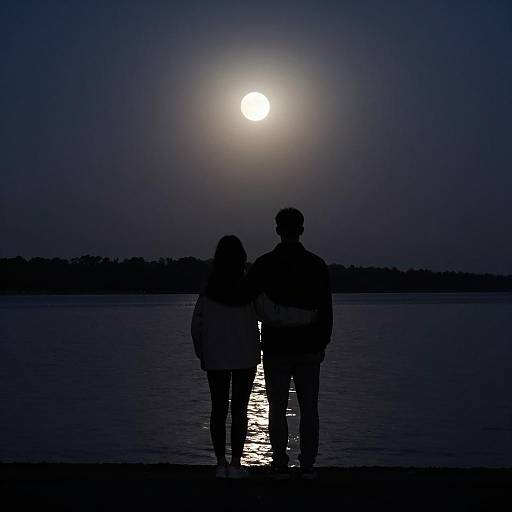 Couple Silhouetted Against Full Moon Over Water