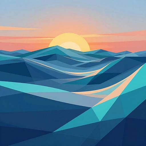 Digital artwork of geometric, faceted blue ocean waves under a vibrant, orange and pink sunset with a glowing yellow sun.