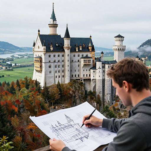 Photograph: Man with brown hair, black jacket, drawing castle blueprints, overlooking Neuschwanstein Castle, surrounded by autumn trees, cloudy sky