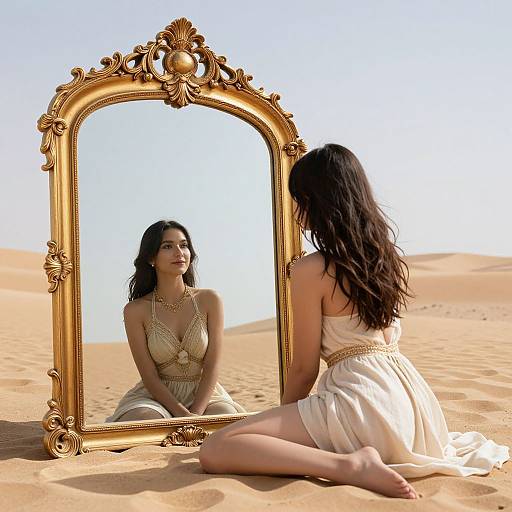 Photograph of a woman with long dark hair, wearing a white, beaded dress, kneeling in a desert, reflecting in an ornate gold mirror
