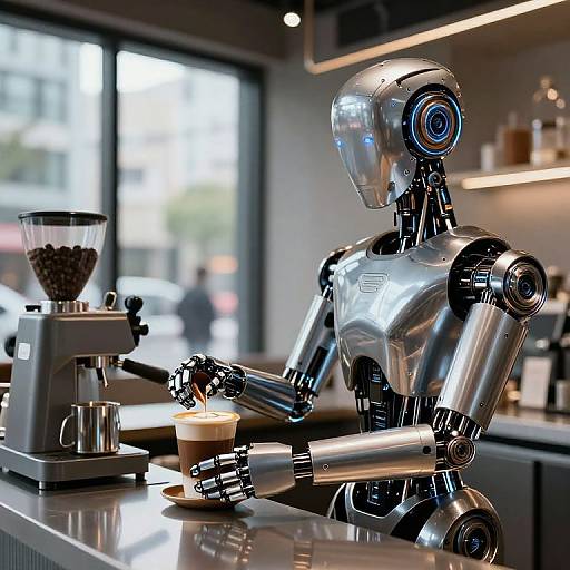 Photograph of a shiny, metallic humanoid robot brewing and serving coffee in a modern, sunlit café with blurred city background.