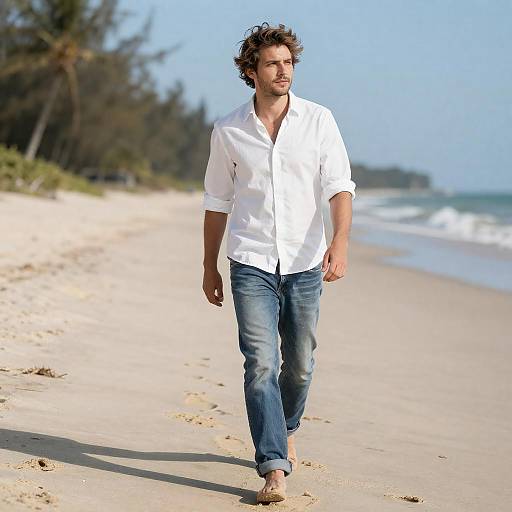 Casual Beach Stroll Under Clear Skies