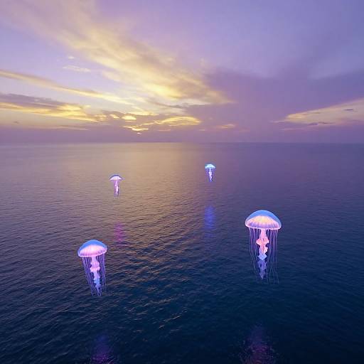 Photograph of glowing jellyfish floating in a calm, dark blue ocean under a colorful sunset sky with yellow and purple hues.