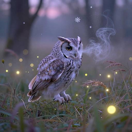 Photograph of a winter owl with snowflakes on its feathers, standing in a forest glow with floating fireflies and smoke.