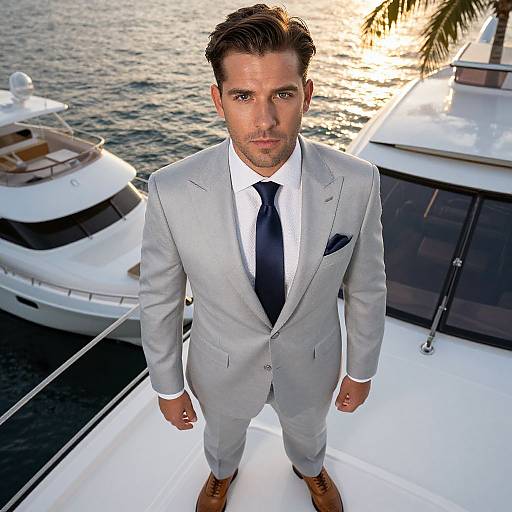 Photograph of a handsome, blue-eyed man in a light gray suit, white shirt, black tie, and brown shoes, standing on a yacht at